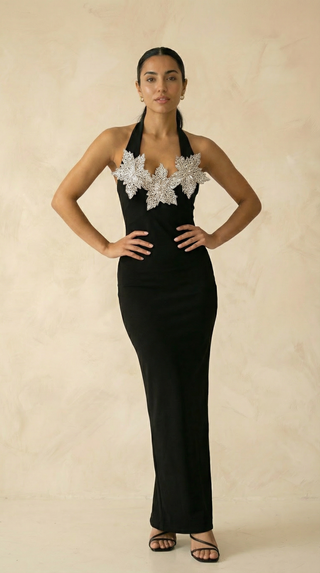 Evangeline Crystal-Floral Halter Mermaid Maxi Dress – Black