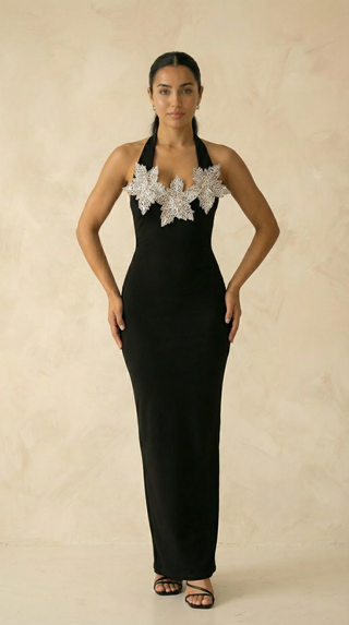 Evangeline Crystal-Floral Halter Mermaid Maxi Dress – Black