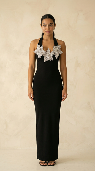 Evangeline Crystal-Floral Halter Mermaid Maxi Dress – Black