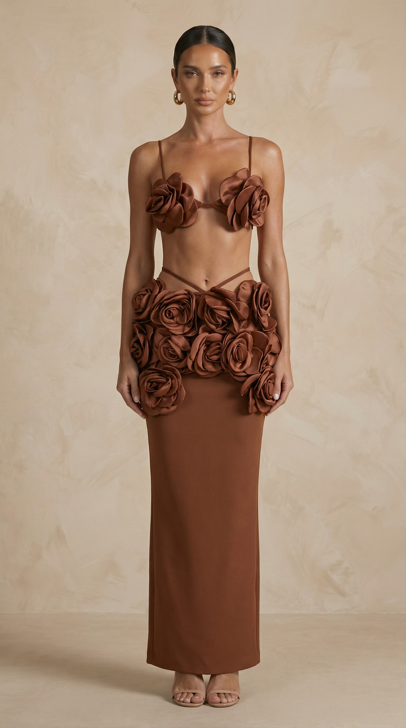 Flora Rose-Hip Two-Piece Maxi Set – Chocolate