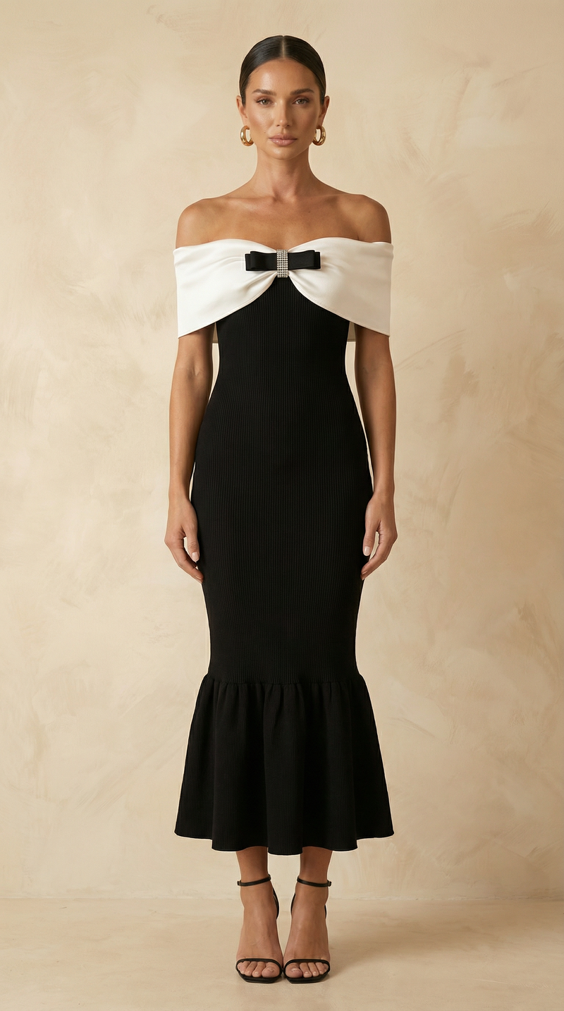 Genevieve Contrast-Bodice Fishtail Midi Dress – Black