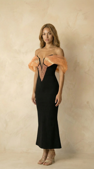Hendrix Beaded Cape-Drape Maxi Dress
