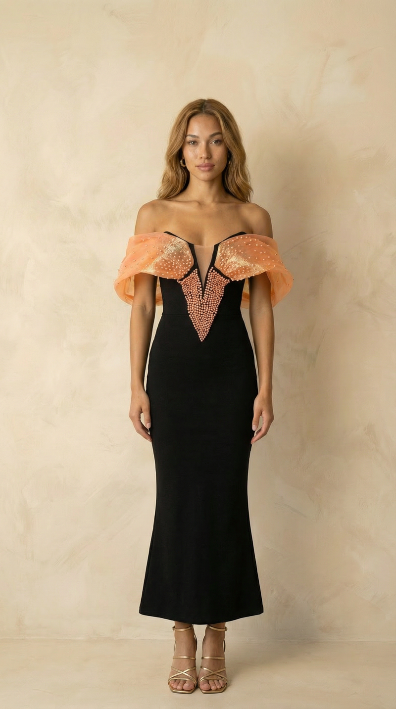 Hendrix Beaded Cape-Drape Maxi Dress
