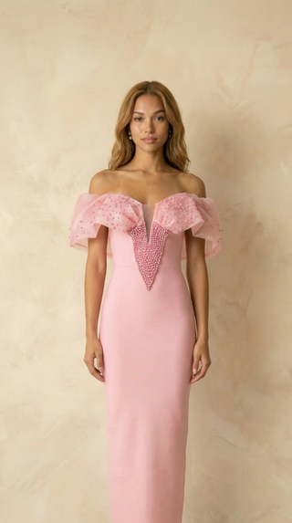 Hendrix Beaded Cape-Drape Maxi Dress
