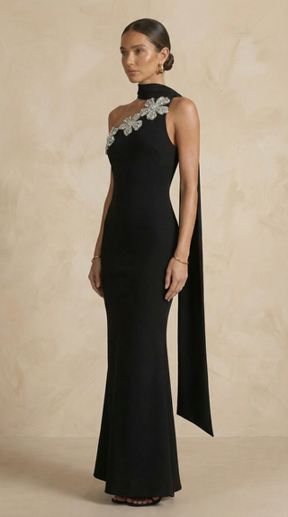 Isobel Crystal-Floral One-Shoulder Mermaid Maxi Dress – Black