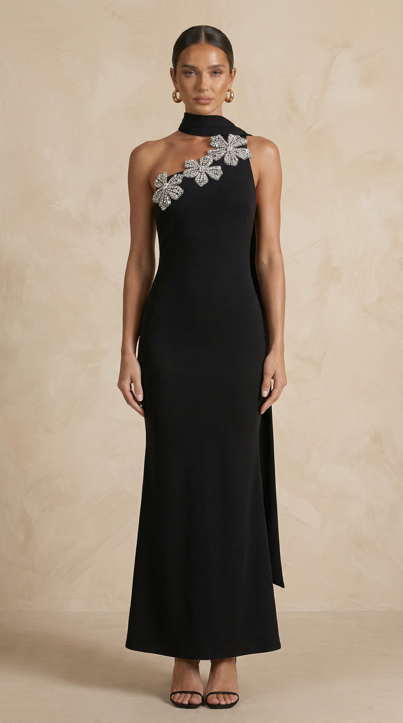 Isobel Crystal-Floral One-Shoulder Mermaid Maxi Dress – Black