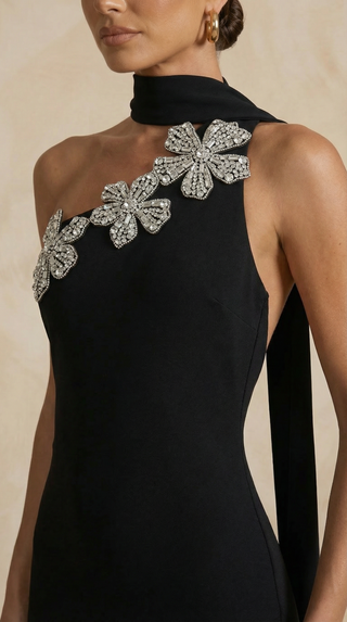 Isobel Crystal-Floral One-Shoulder Mermaid Maxi Dress – Black