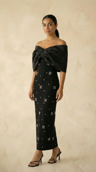 Josephine Satin-Bow Crystal-Scatter Mermaid Maxi Dress – Black