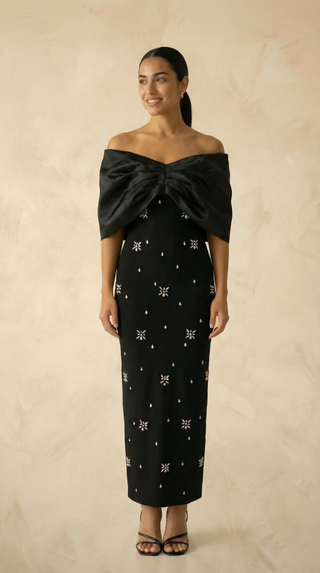 Josephine Satin-Bow Crystal-Scatter Mermaid Maxi Dress – Black