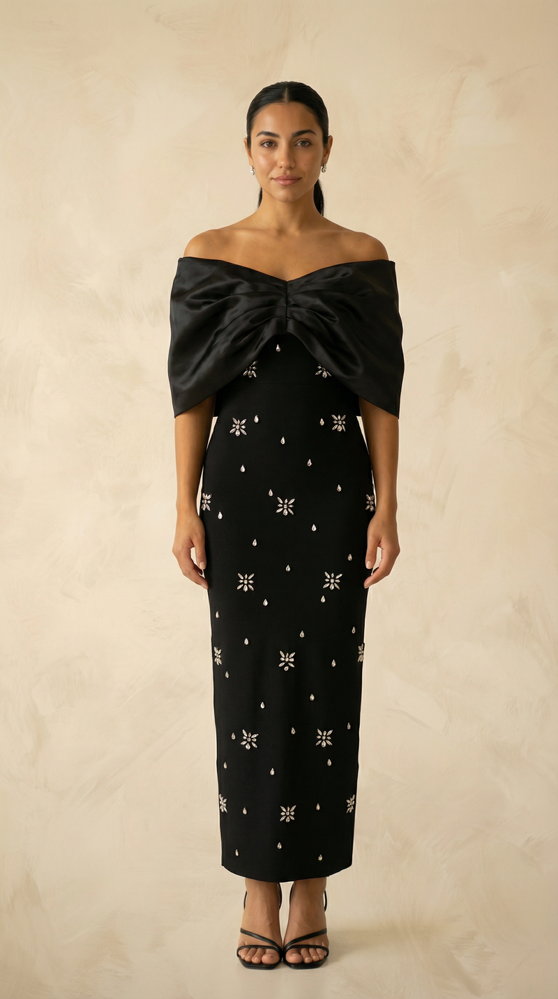 Josephine Satin-Bow Crystal-Scatter Mermaid Maxi Dress – Black