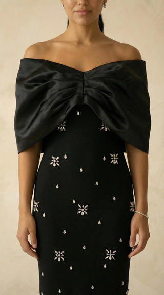 Josephine Satin-Bow Crystal-Scatter Mermaid Maxi Dress – Black