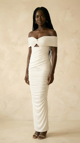 Leonora Twist-Knot Off-Shoulder Ruched Maxi Dress – White