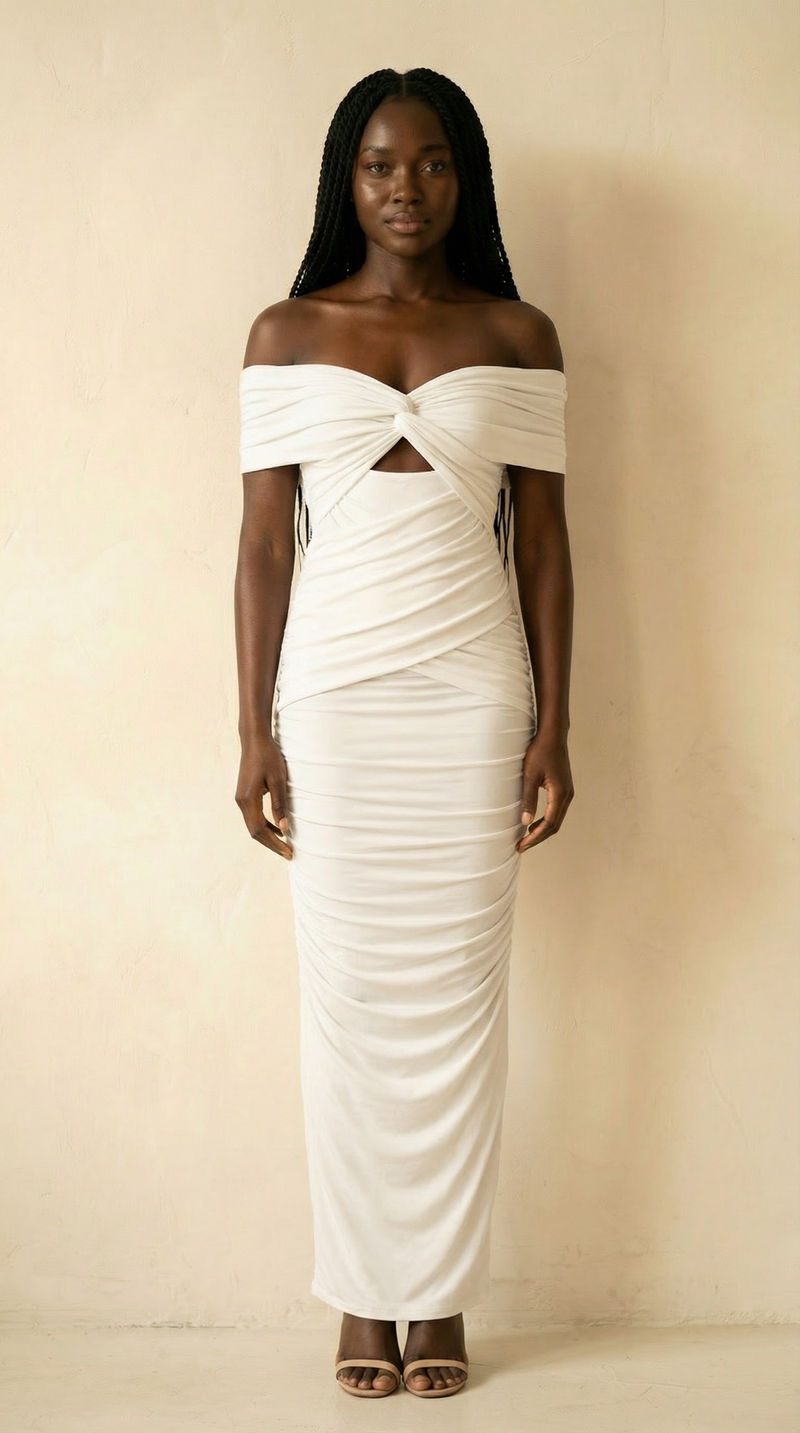 Leonora Twist-Knot Off-Shoulder Ruched Maxi Dress – White