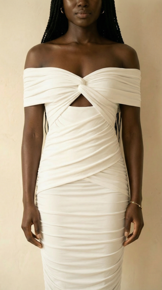 Leonora Twist-Knot Off-Shoulder Ruched Maxi Dress – White