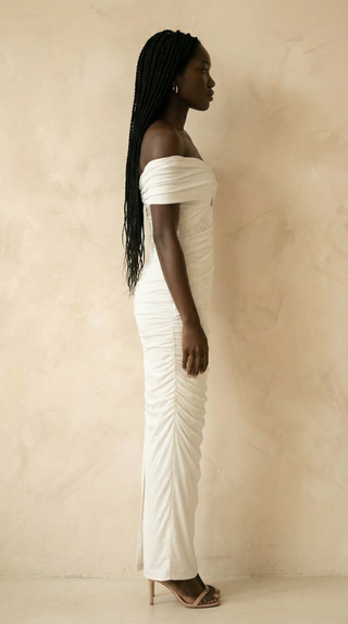 Leonora Twist-Knot Off-Shoulder Ruched Maxi Dress – White