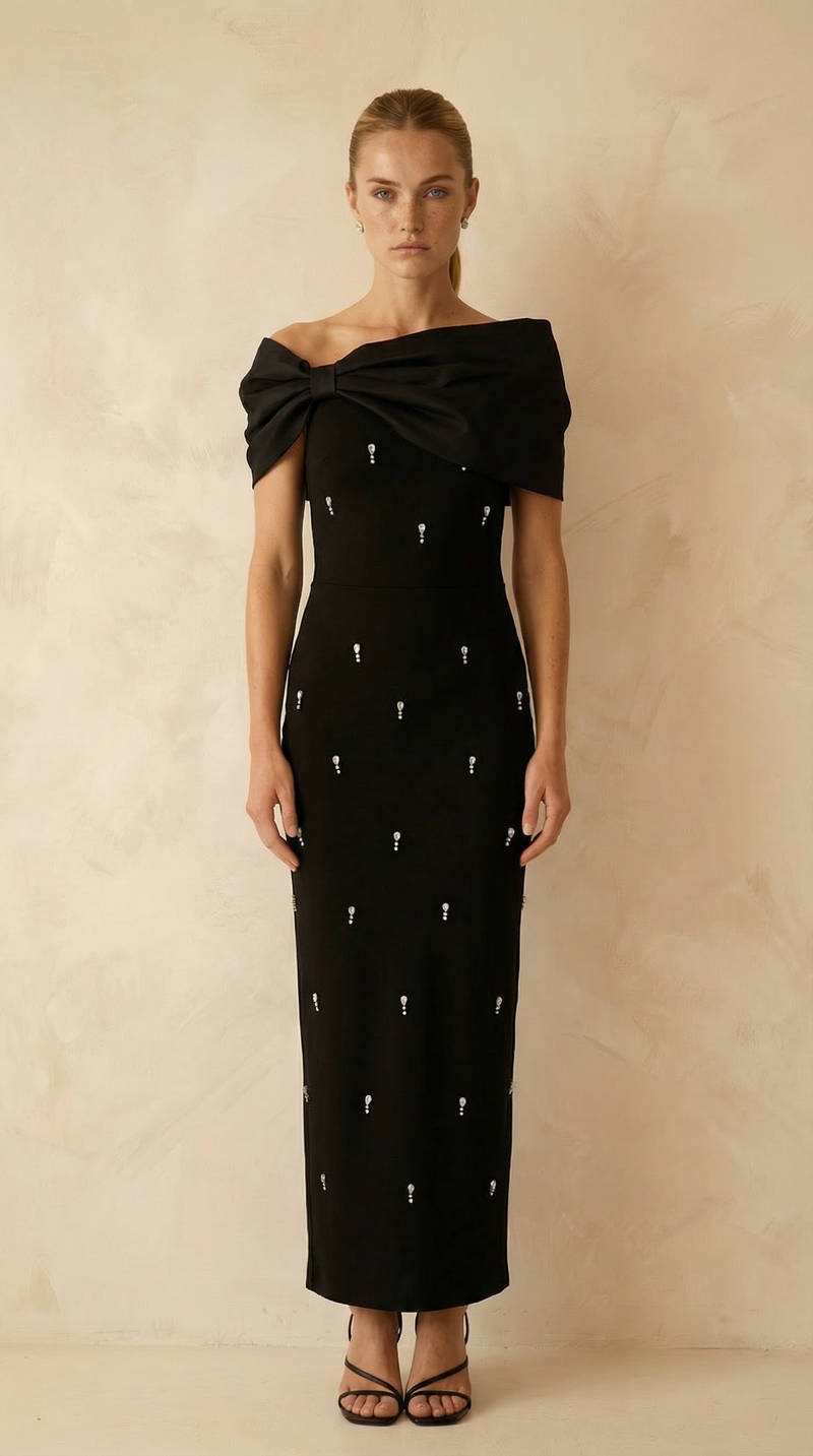 Loretta Bow-Shoulder Crystal-Pin Maxi Dress