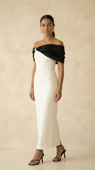 Margaux Bow-Drape Beaded Maxi Dress – Ivory