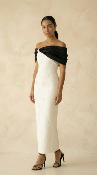 Margaux Bow-Drape Beaded Maxi Dress – Ivory