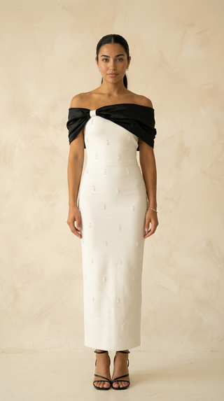 Margaux Bow-Drape Beaded Maxi Dress – Ivory