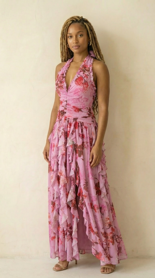 Mirabelle Ruffle-Trim Deep-V Halter Chiffon Maxi Dress