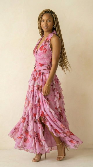 Mirabelle Ruffle-Trim Deep-V Halter Chiffon Maxi Dress