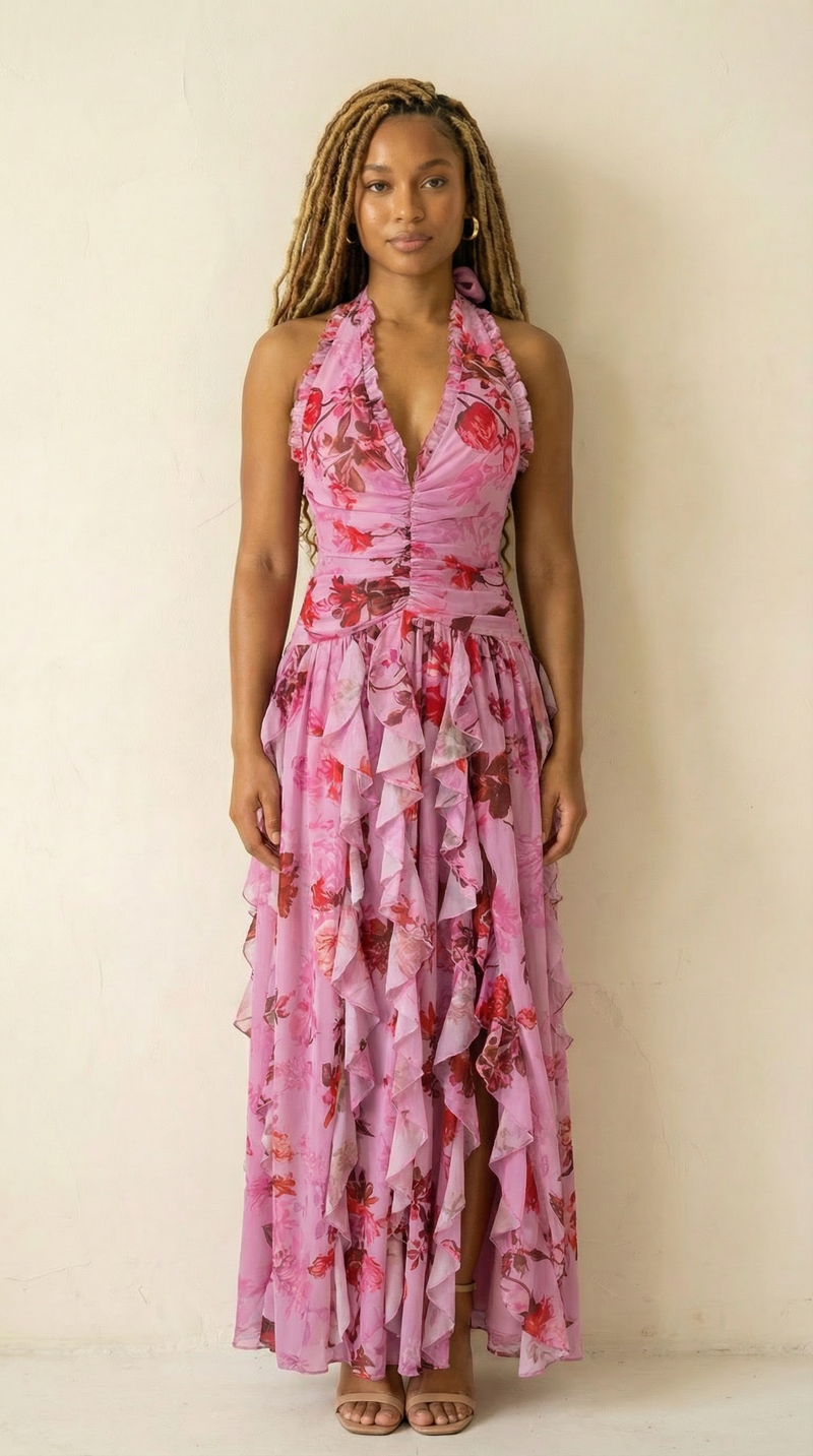 Mirabelle Ruffle-Trim Deep-V Halter Chiffon Maxi Dress