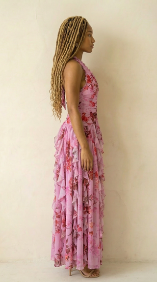 Mirabelle Ruffle-Trim Deep-V Halter Chiffon Maxi Dress
