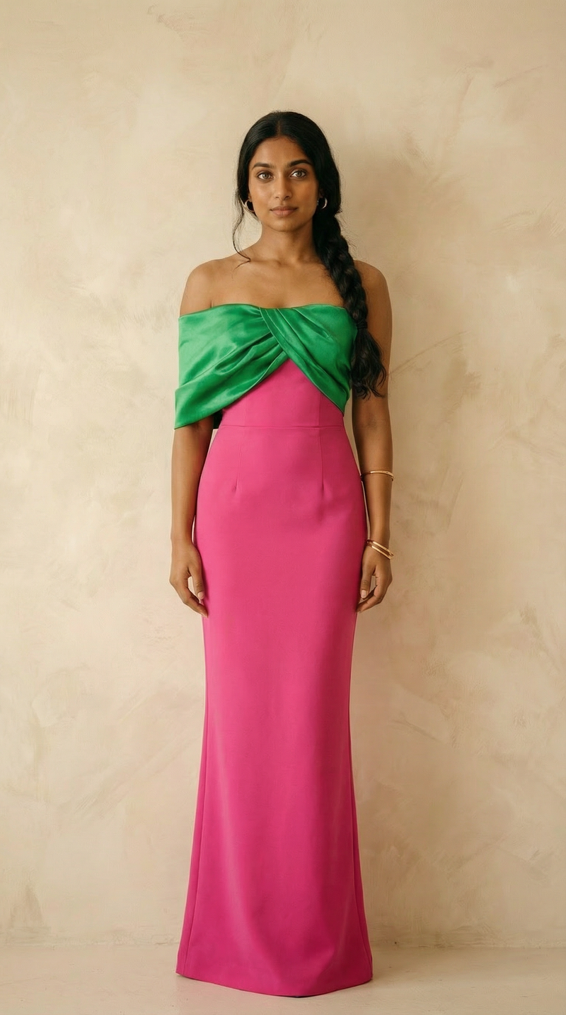 Paloma Colourblock Draped Strapless Maxi Gown – Pink & Green