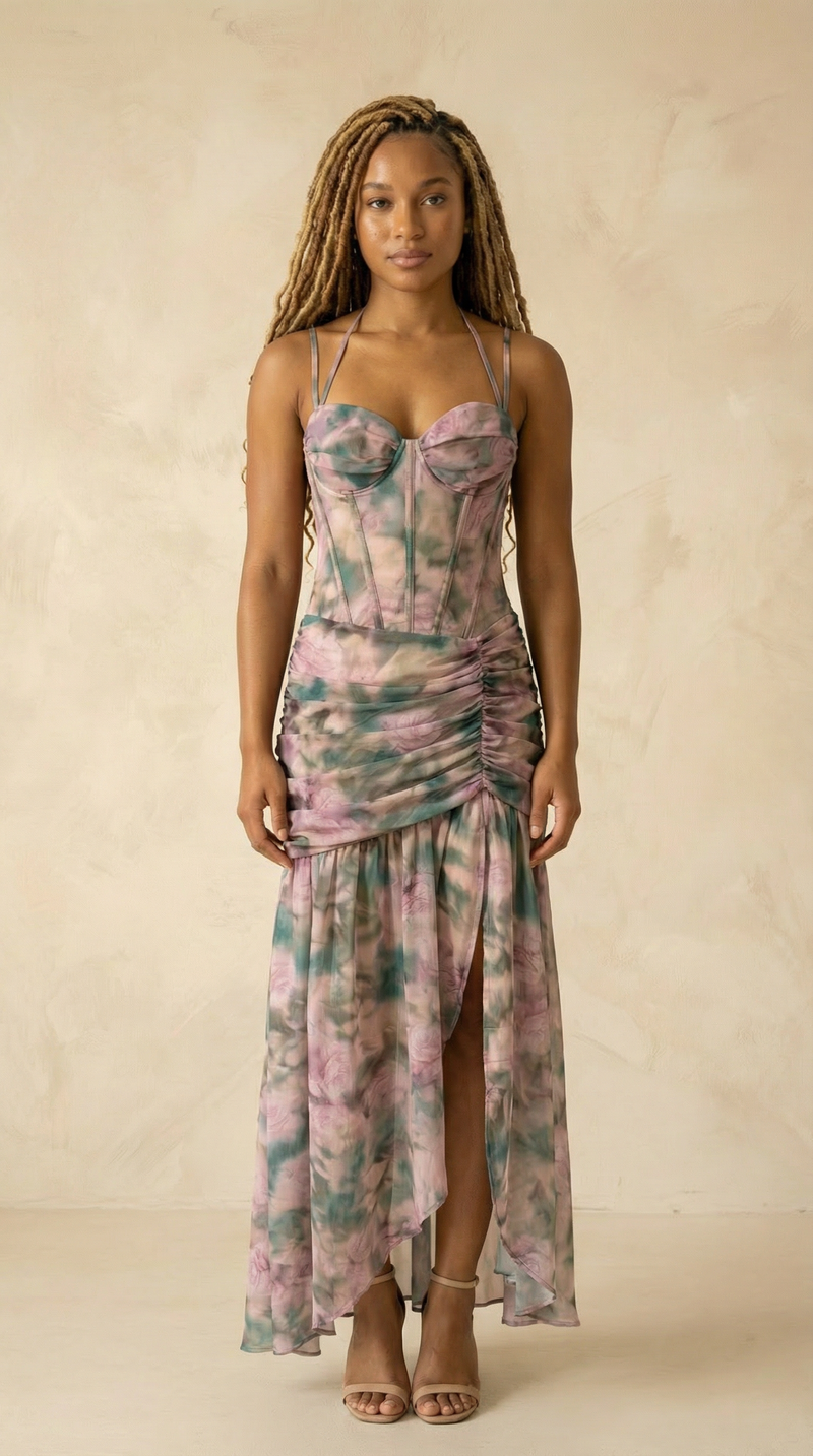Rosalind Watercolour Corset Ruched Maxi Dress