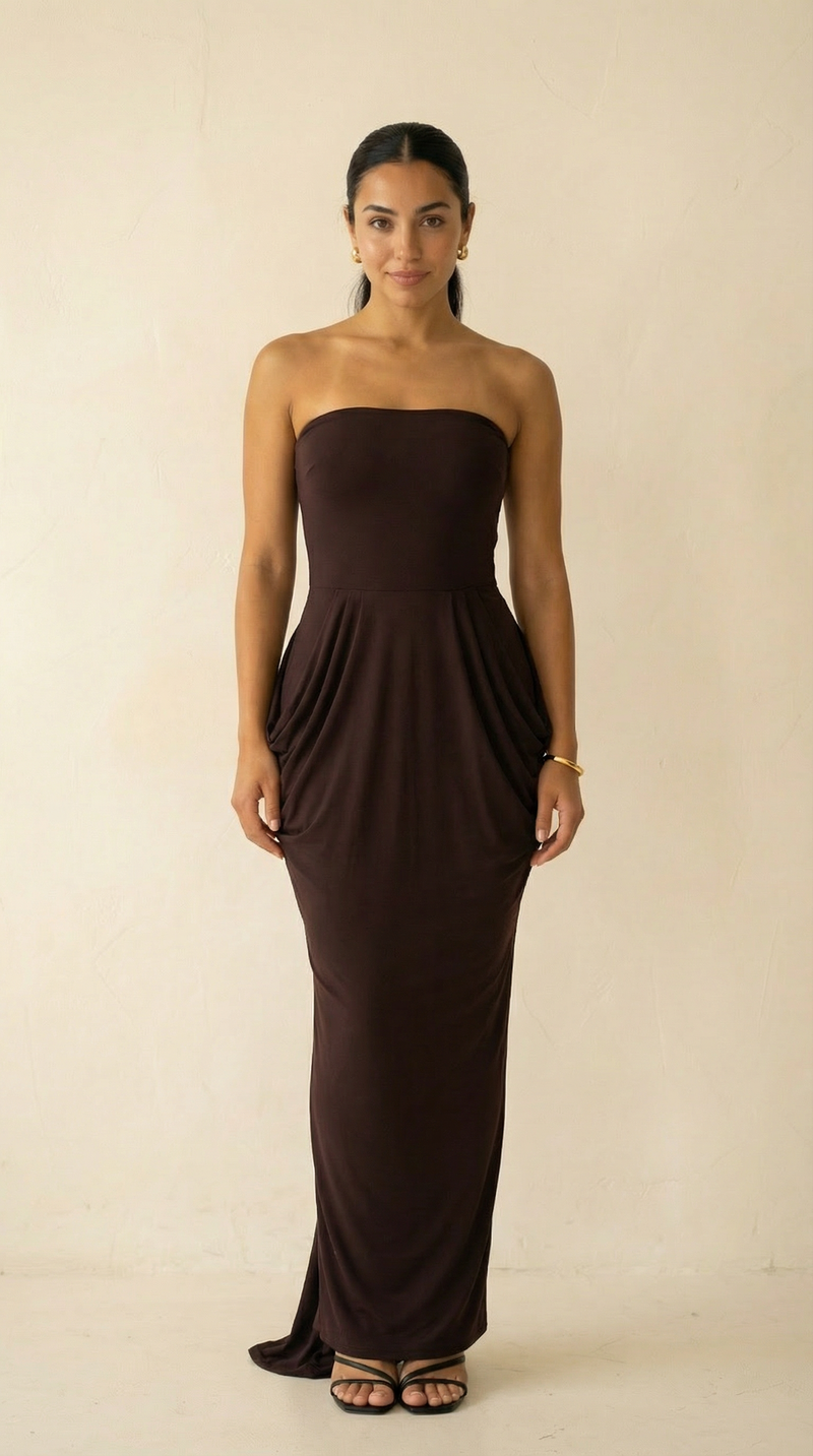Saoirse Strapless Hip-Gather Draped Maxi Dress – Dark Brown
