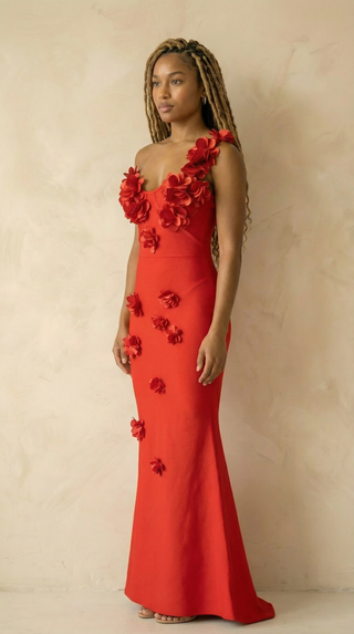 Scarlett Floral-Appliqué Mermaid Maxi Dress – Red