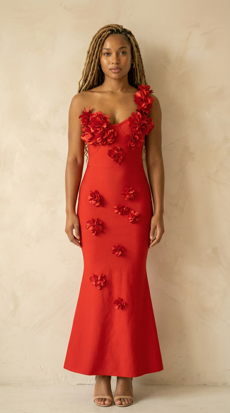 Scarlett Floral-Appliqué Mermaid Maxi Dress – Red
