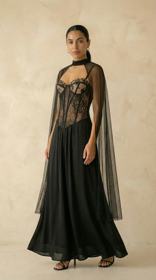Seraphina Lace-Corset Cape Maxi Dress – Black