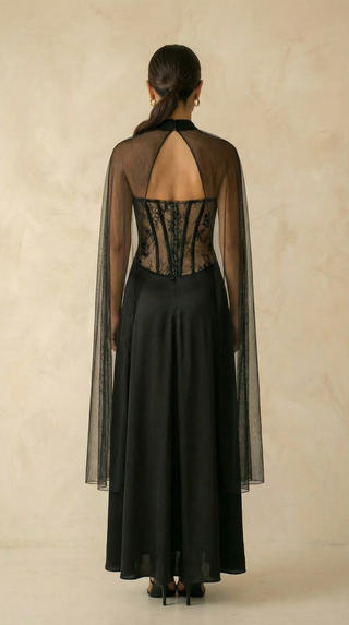 Seraphina Lace-Corset Cape Maxi Dress – Black