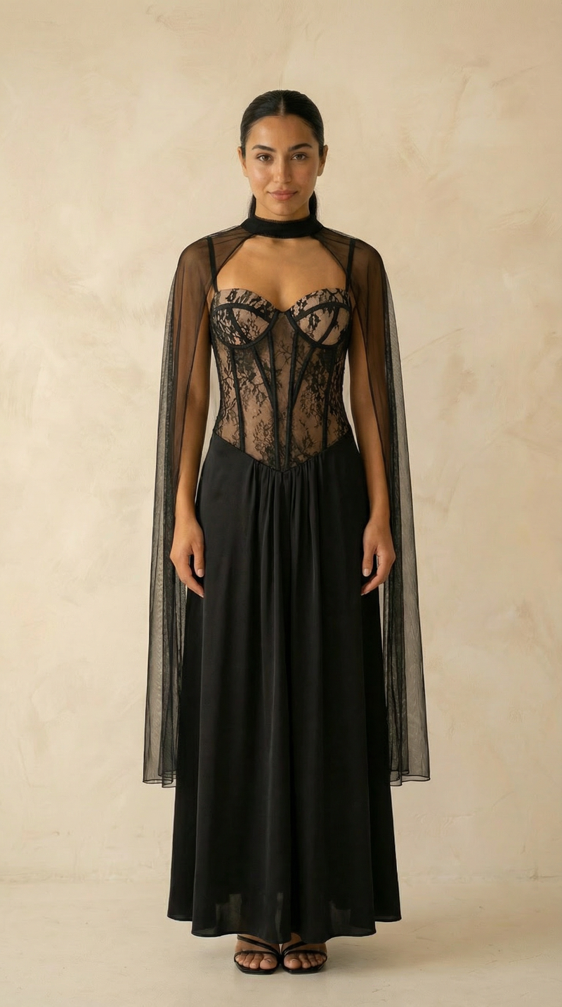 Seraphina Lace-Corset Cape Maxi Dress – Black