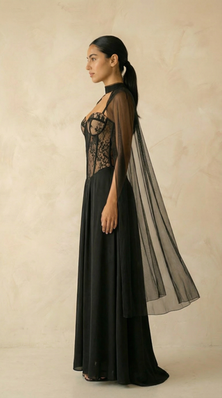 Seraphina Lace-Corset Cape Maxi Dress – Black