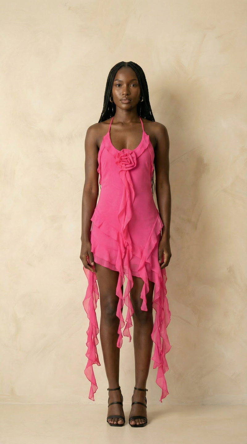 Serena Ruffle-Cascade Halter Dress – Magenta