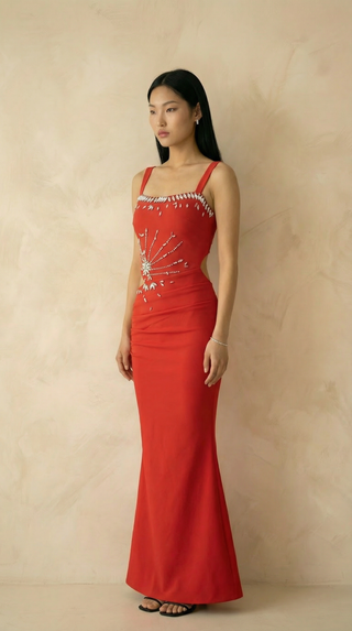 Stella Crystal-Burst Cutout Mermaid Maxi Dress – Red