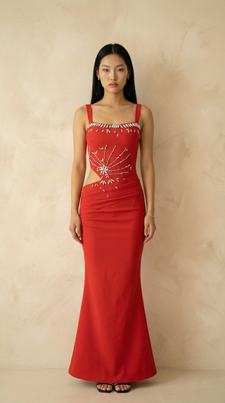 Stella Crystal-Burst Cutout Mermaid Maxi Dress – Red