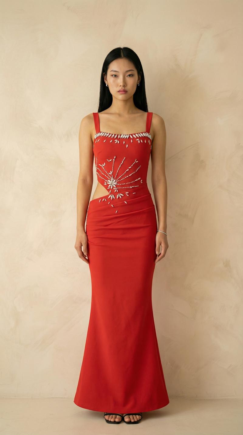 Stella Crystal-Burst Cutout Mermaid Maxi Dress – Red