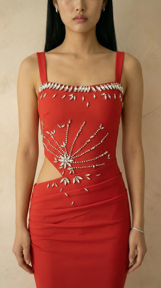 Stella Crystal-Burst Cutout Mermaid Maxi Dress – Red