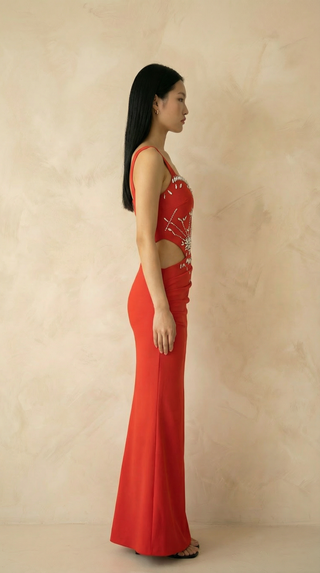 Stella Crystal-Burst Cutout Mermaid Maxi Dress – Red