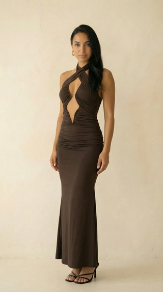 Thessaly Cross-Halter Cutout Ruched Maxi Dress – Chocolate