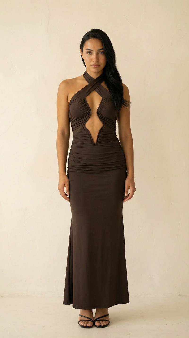 Thessaly Cross-Halter Cutout Ruched Maxi Dress – Chocolate