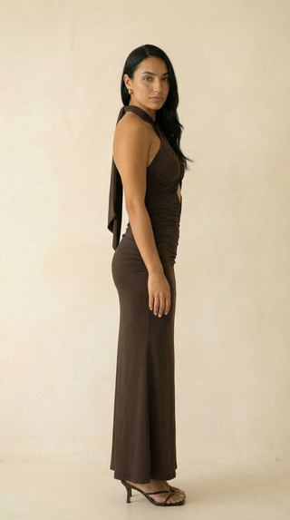 Thessaly Cross-Halter Cutout Ruched Maxi Dress – Chocolate