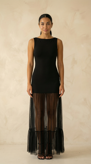 Vivienne Ribbed Mesh-Hem Maxi Dress