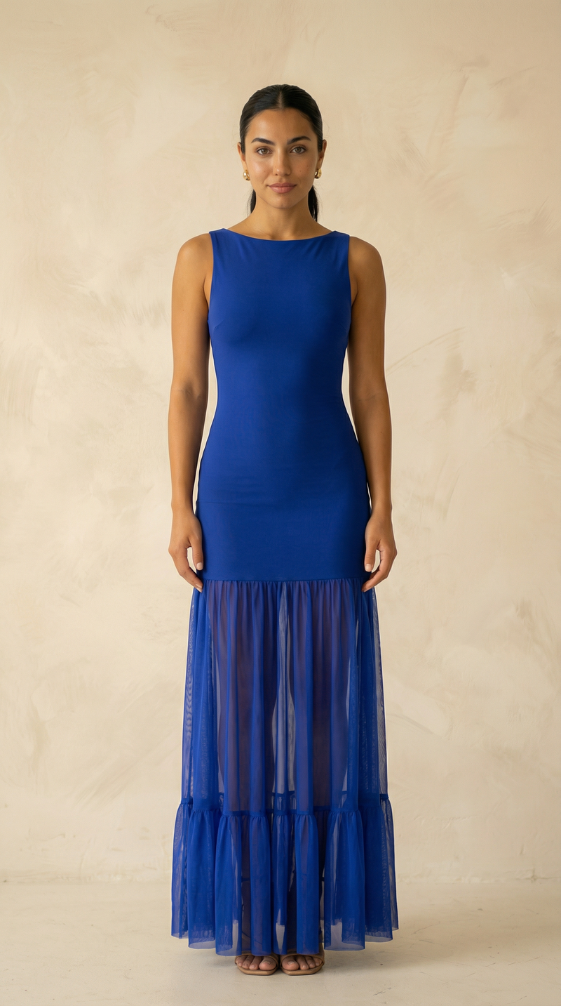 Vivienne Ribbed Mesh-Hem Maxi Dress