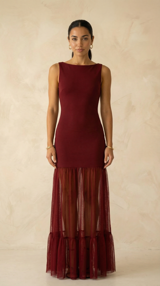 Vivienne Ribbed Mesh-Hem Maxi Dress